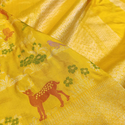 Yellow Handloom Banarasi Pure Katan Silk Animal And Flower Design Saree - Luxurion World