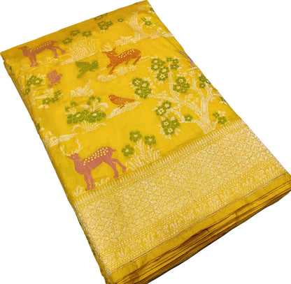 Yellow Handloom Banarasi Pure Katan Silk Animal And Flower Design Saree - Luxurion World