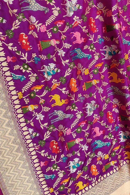 Purple Handloom Banarasi Pure Katan Silk Flower And Animal Design Meenakari Saree - Luxurion World