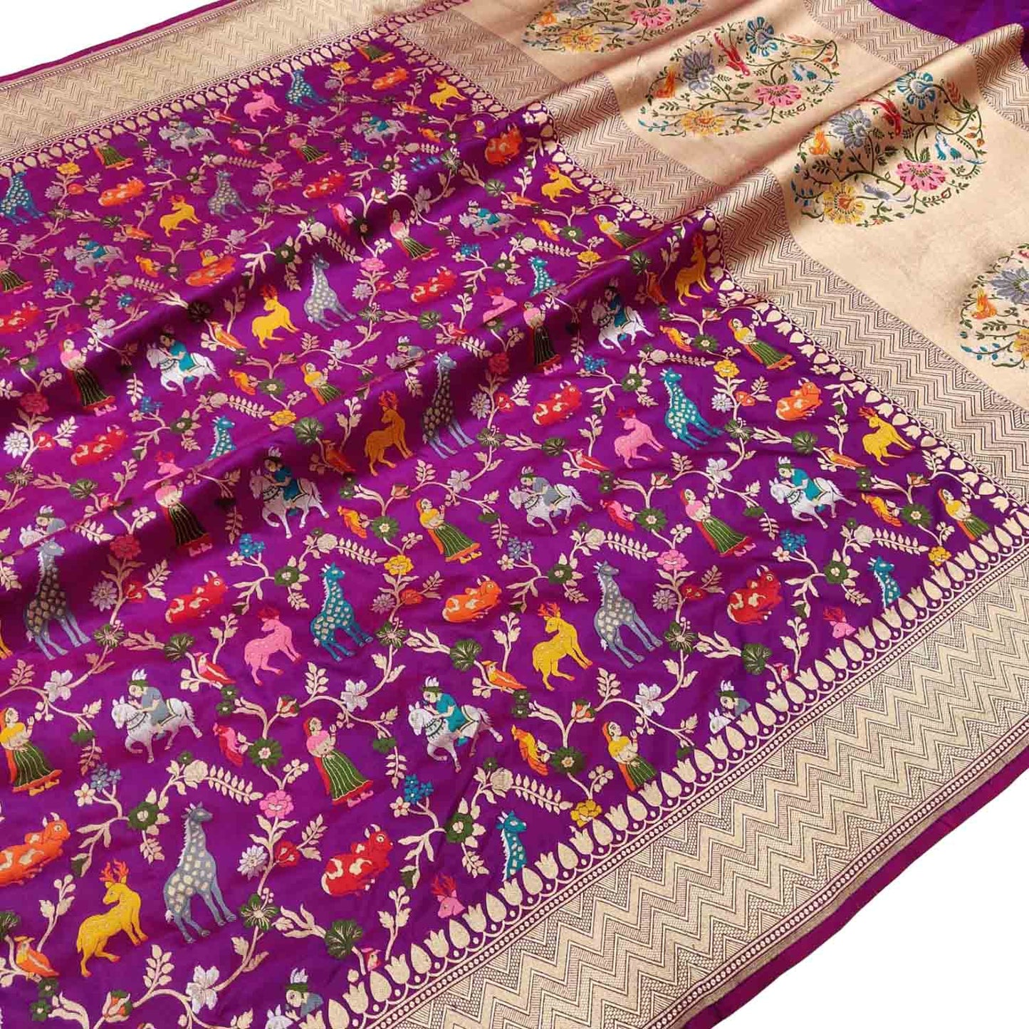 Purple Handloom Banarasi Pure Katan Silk Flower And Animal Design Meenakari Saree - Luxurion World