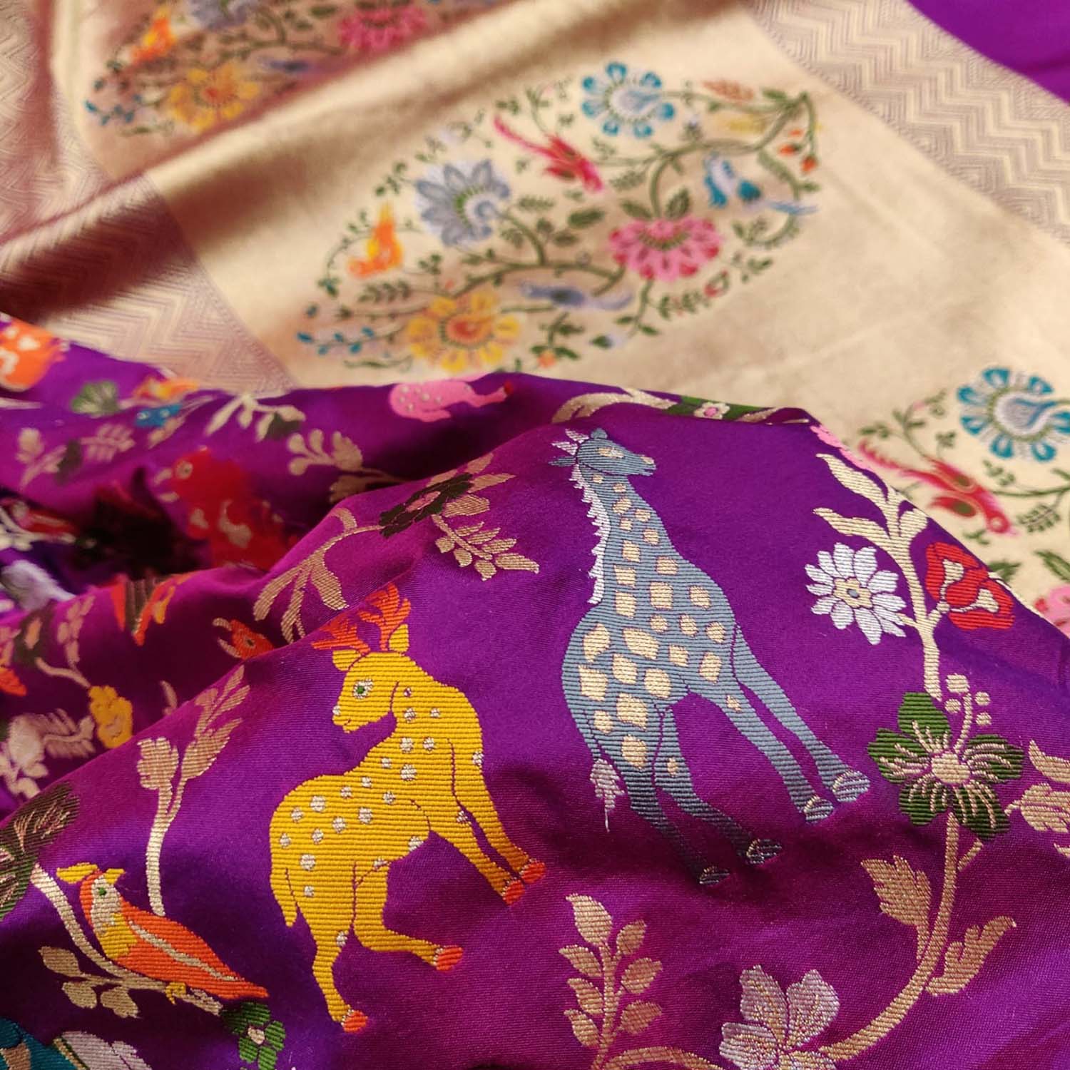 Purple Handloom Banarasi Pure Katan Silk Flower And Animal Design Meenakari Saree - Luxurion World