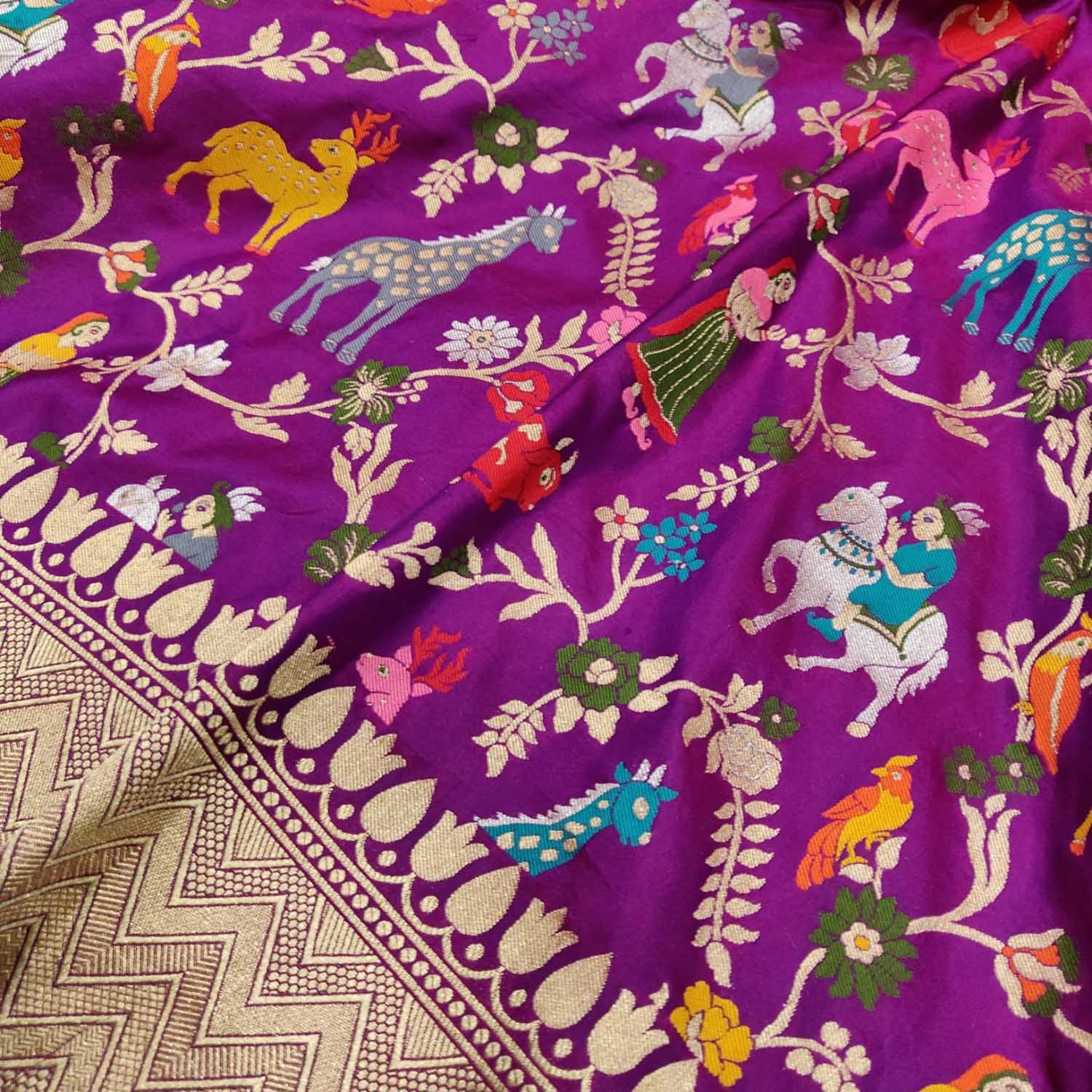 Purple Handloom Banarasi Pure Katan Silk Flower And Animal Design Meenakari Saree - Luxurion World