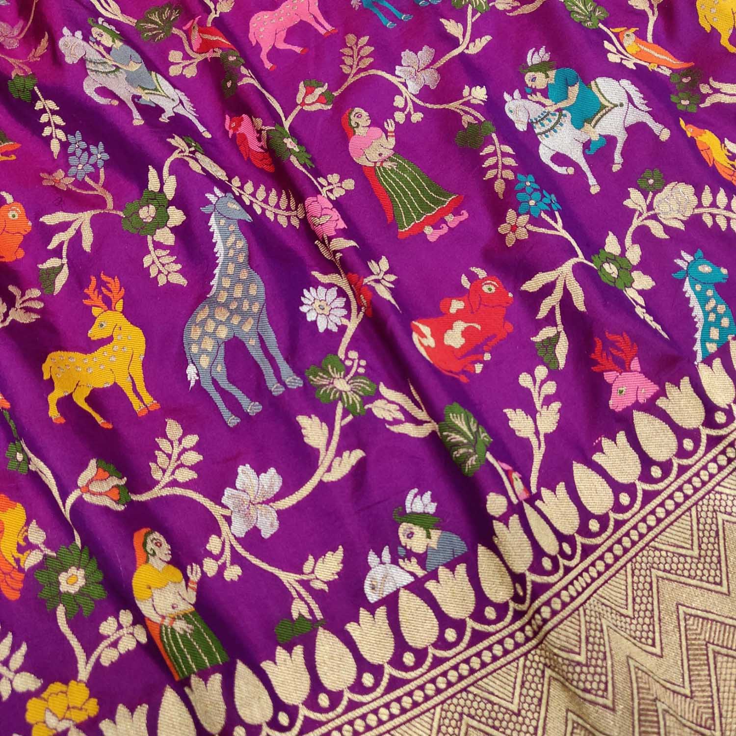 Purple Handloom Banarasi Pure Katan Silk Flower And Animal Design Meenakari Saree - Luxurion World