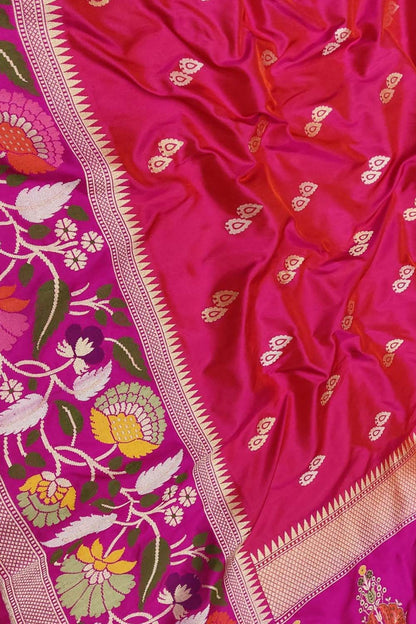 Pink Handloom Banarasi Pure Katan Silk Flower Design Meenakari Saree - Luxurion World