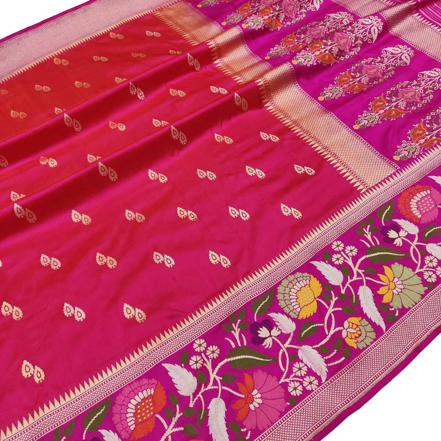 Pink Handloom Banarasi Pure Katan Silk Flower Design Meenakari Saree - Luxurion World