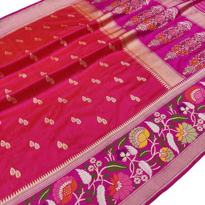 Pink Handloom Banarasi Pure Katan Silk Flower Design Meenakari Saree - Luxurion World