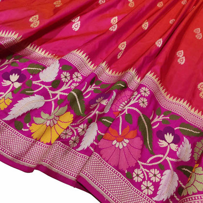 Pink Handloom Banarasi Pure Katan Silk Flower Design Meenakari Saree - Luxurion World
