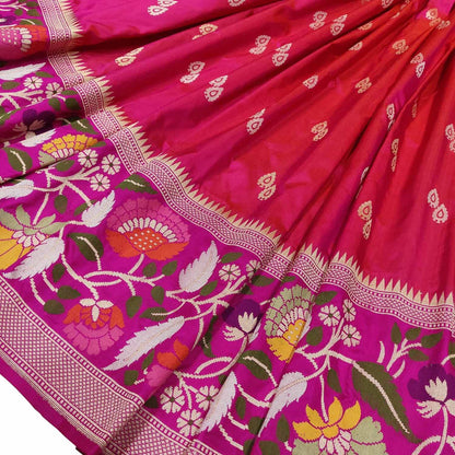 Pink Handloom Banarasi Pure Katan Silk Flower Design Meenakari Saree - Luxurion World