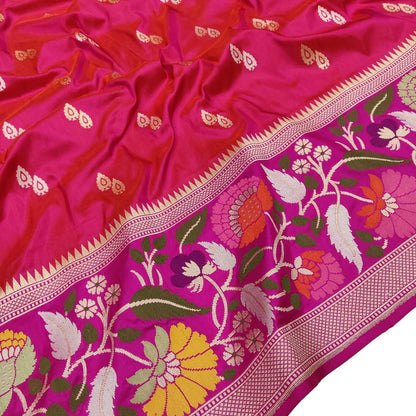 Pink Handloom Banarasi Pure Katan Silk Flower Design Meenakari Saree - Luxurion World