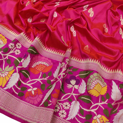 Pink Handloom Banarasi Pure Katan Silk Flower Design Meenakari Saree - Luxurion World