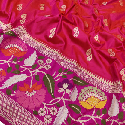 Pink Handloom Banarasi Pure Katan Silk Flower Design Meenakari Saree - Luxurion World