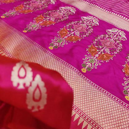Pink Handloom Banarasi Pure Katan Silk Flower Design Meenakari Saree - Luxurion World