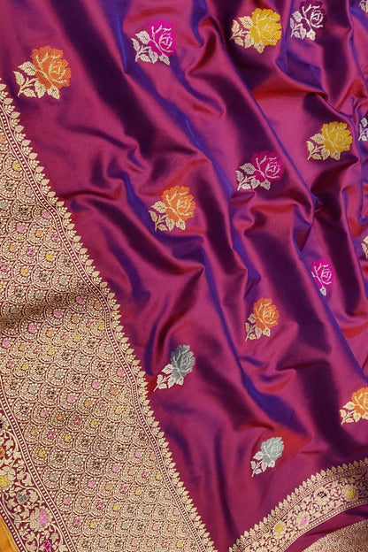 Exquisite Purple Handloom Banarasi Pure Katan Silk Saree with Flower Design - Luxurion World
