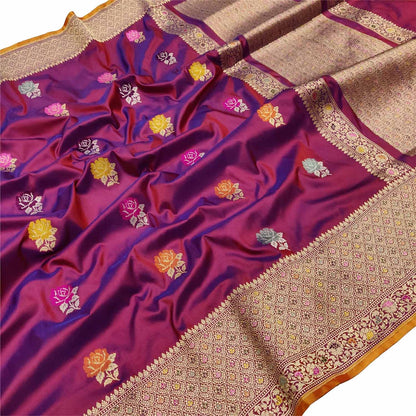 Exquisite Purple Handloom Banarasi Pure Katan Silk Saree with Flower Design - Luxurion World