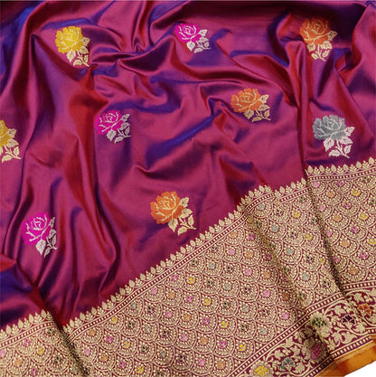 Exquisite Purple Handloom Banarasi Pure Katan Silk Saree with Flower Design - Luxurion World