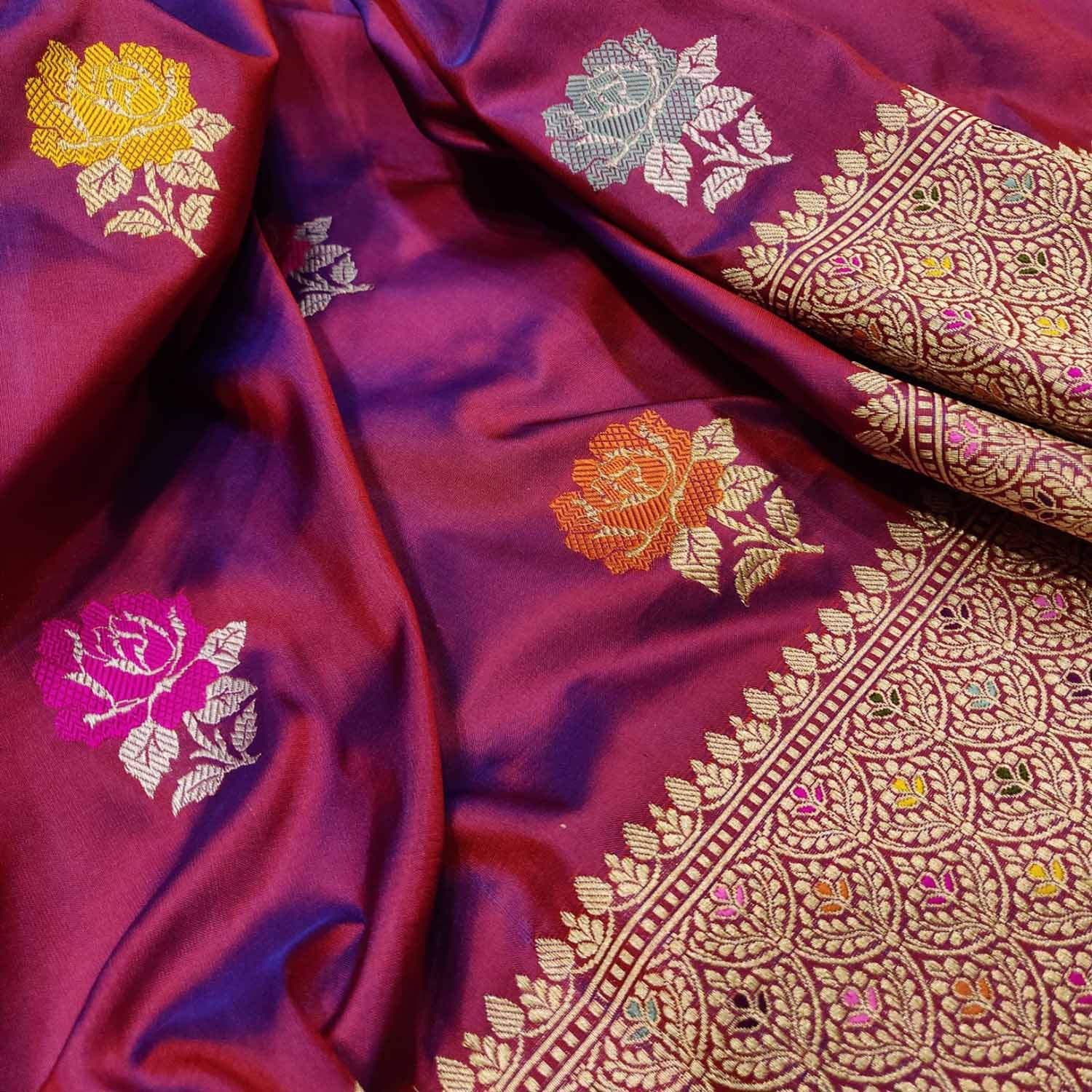 Exquisite Purple Handloom Banarasi Pure Katan Silk Saree with Flower Design - Luxurion World