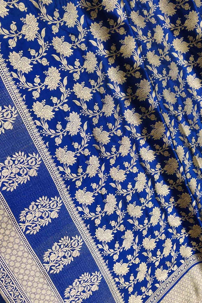 Blue Handloom Banarasi Pure Katan Silk Saree with Flower Design - Luxurion World