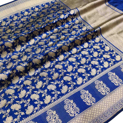 Blue Handloom Banarasi Pure Katan Silk Saree with Flower Design - Luxurion World