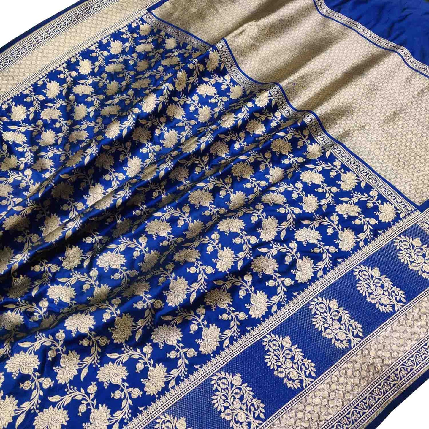 Blue Handloom Banarasi Pure Katan Silk Saree with Flower Design - Luxurion World