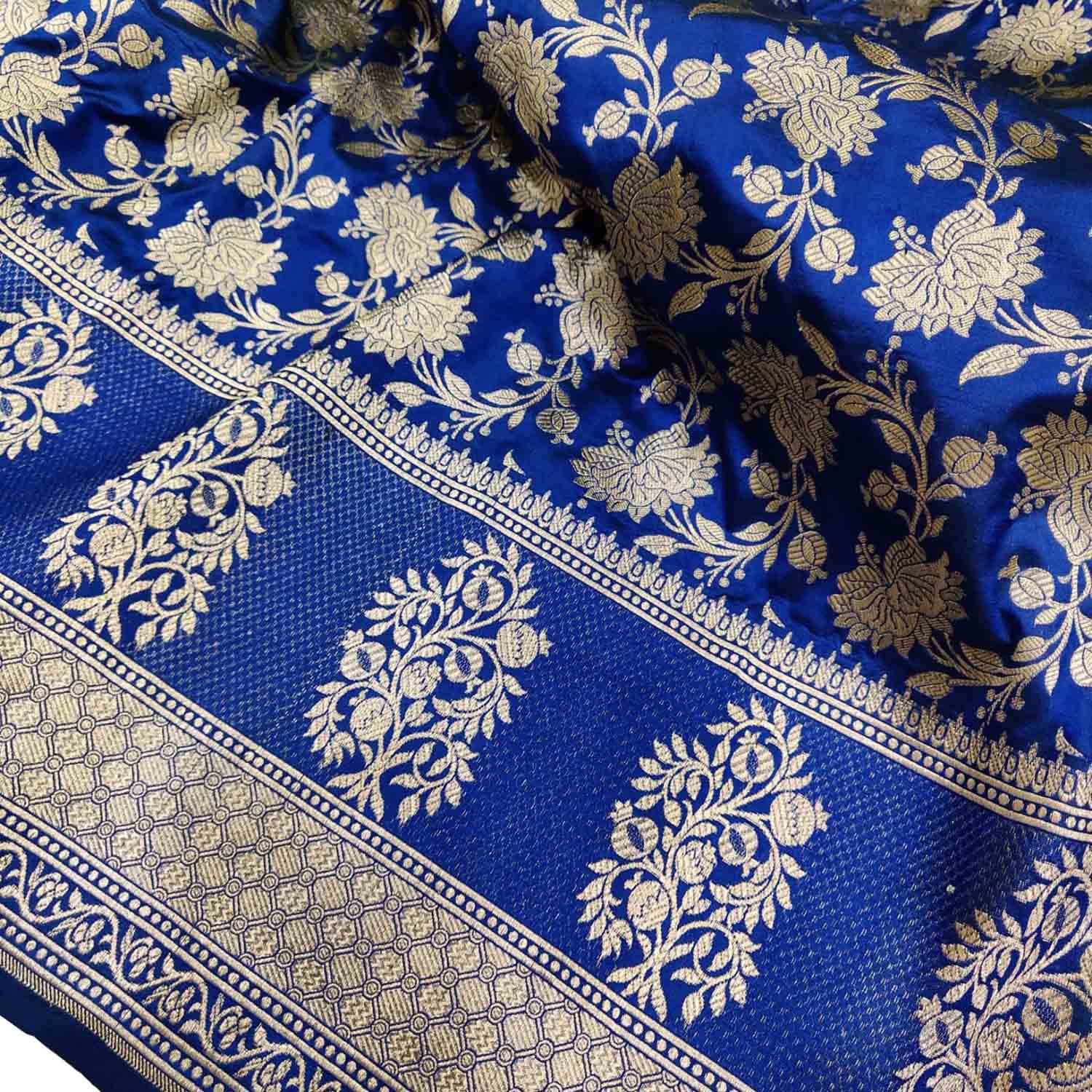 Blue Handloom Banarasi Pure Katan Silk Saree with Flower Design - Luxurion World