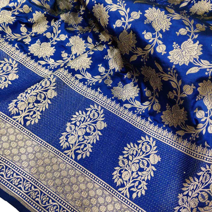 Blue Handloom Banarasi Pure Katan Silk Saree with Flower Design - Luxurion World