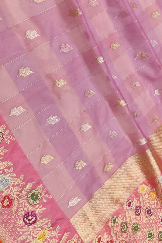 Pink Handloom Banarasi Pure Kora Silk Meenakari Flower Design Saree - Luxurion World