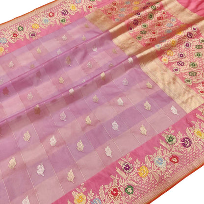 Pink Handloom Banarasi Pure Kora Silk Meenakari Flower Design Saree - Luxurion World