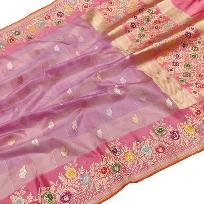 Pink Handloom Banarasi Pure Kora Silk Meenakari Flower Design Saree - Luxurion World