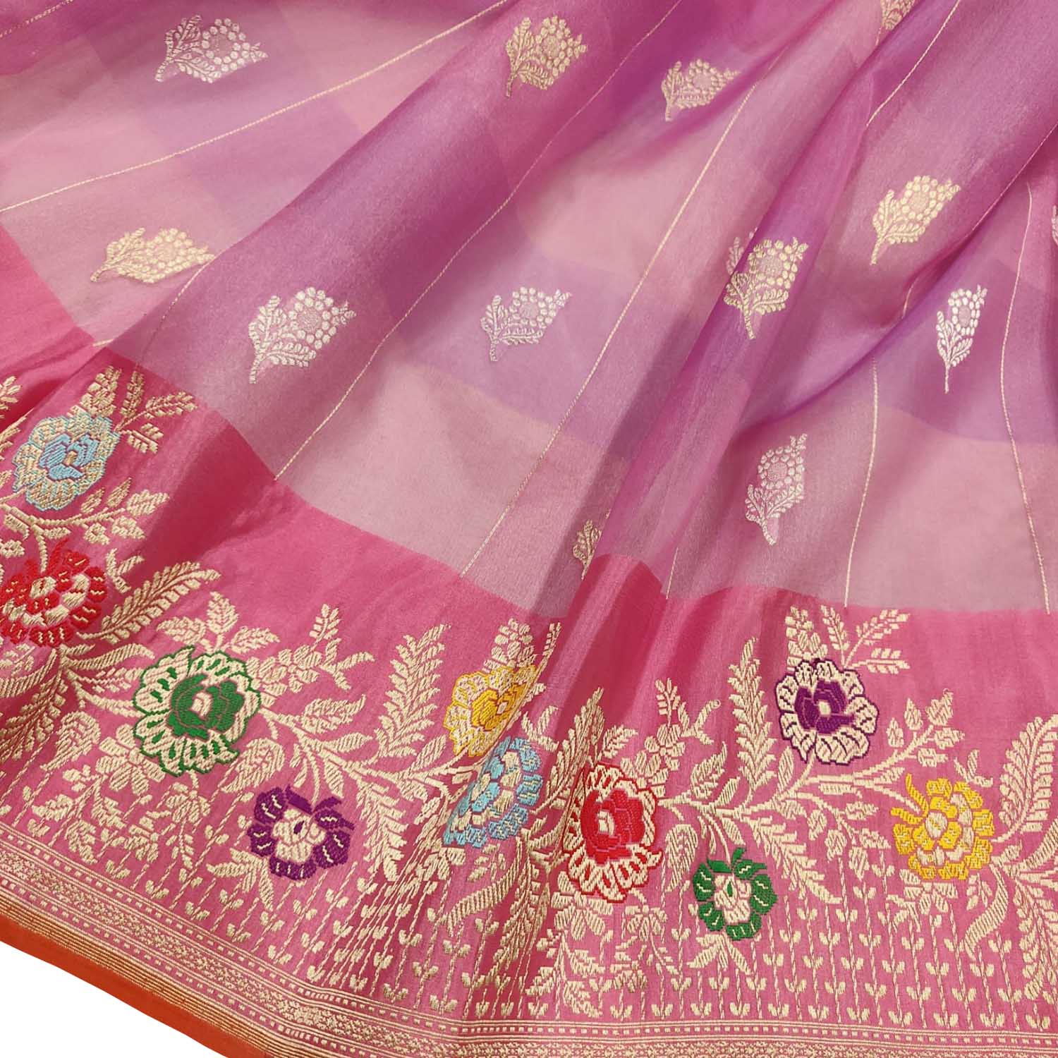 Pink Handloom Banarasi Pure Kora Silk Meenakari Flower Design Saree - Luxurion World