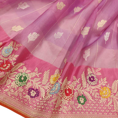 Pink Handloom Banarasi Pure Kora Silk Meenakari Flower Design Saree - Luxurion World