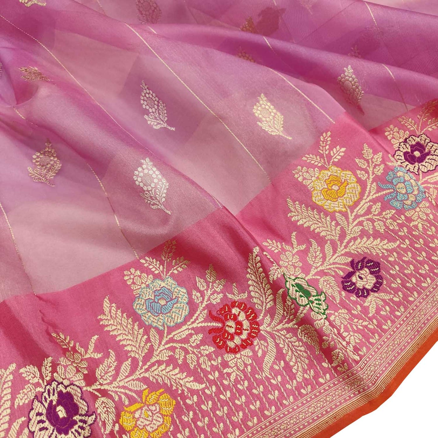 Pink Handloom Banarasi Pure Kora Silk Meenakari Flower Design Saree - Luxurion World