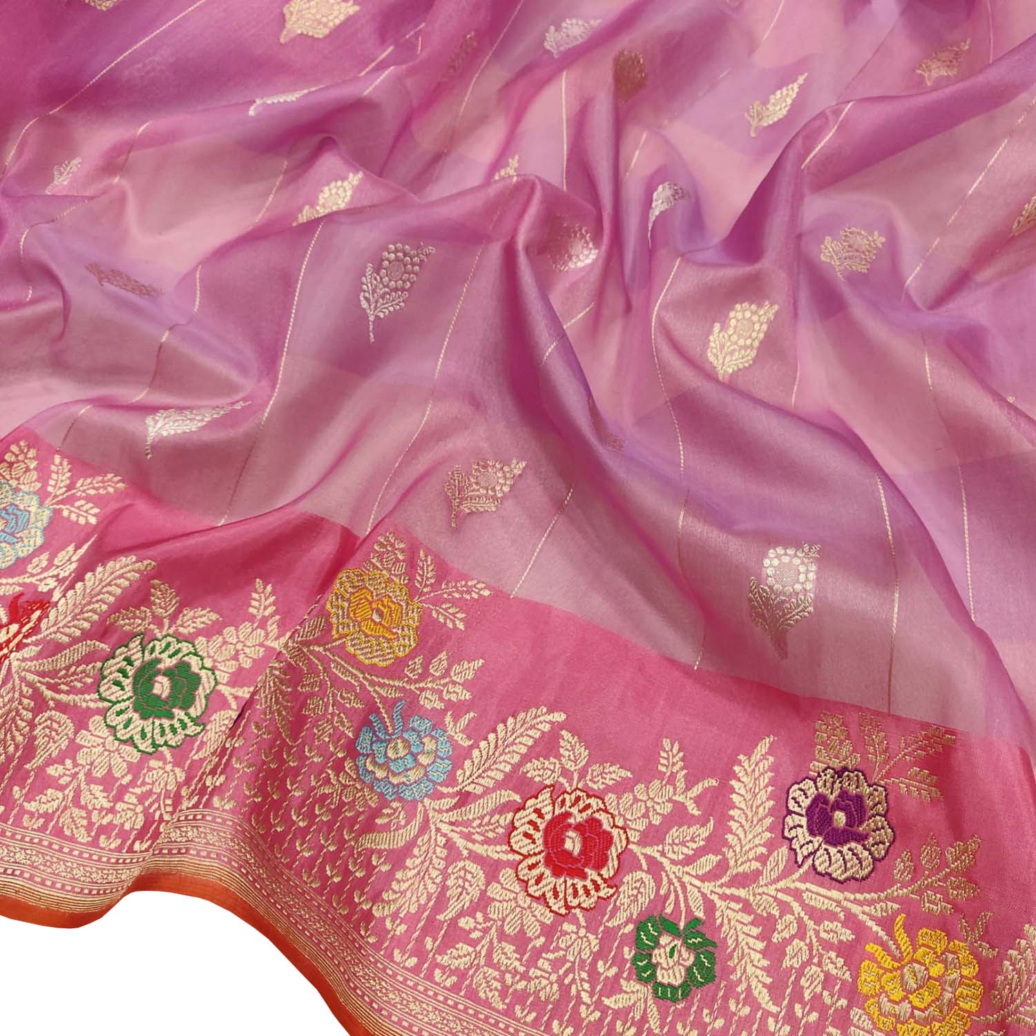 Pink Handloom Banarasi Pure Kora Silk Meenakari Flower Design Saree - Luxurion World