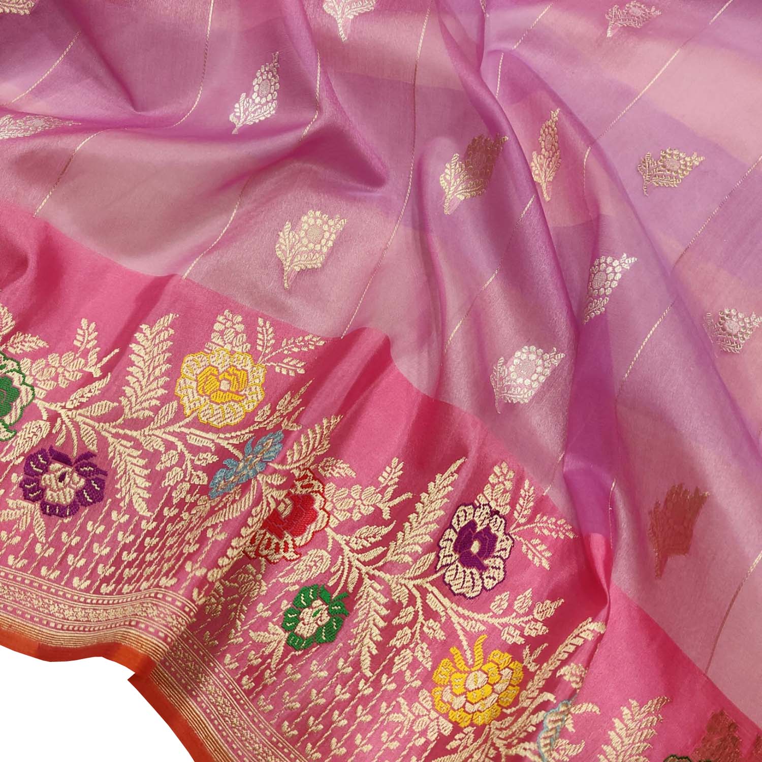 Pink Handloom Banarasi Pure Kora Silk Meenakari Flower Design Saree - Luxurion World