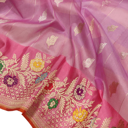 Pink Handloom Banarasi Pure Kora Silk Meenakari Flower Design Saree - Luxurion World