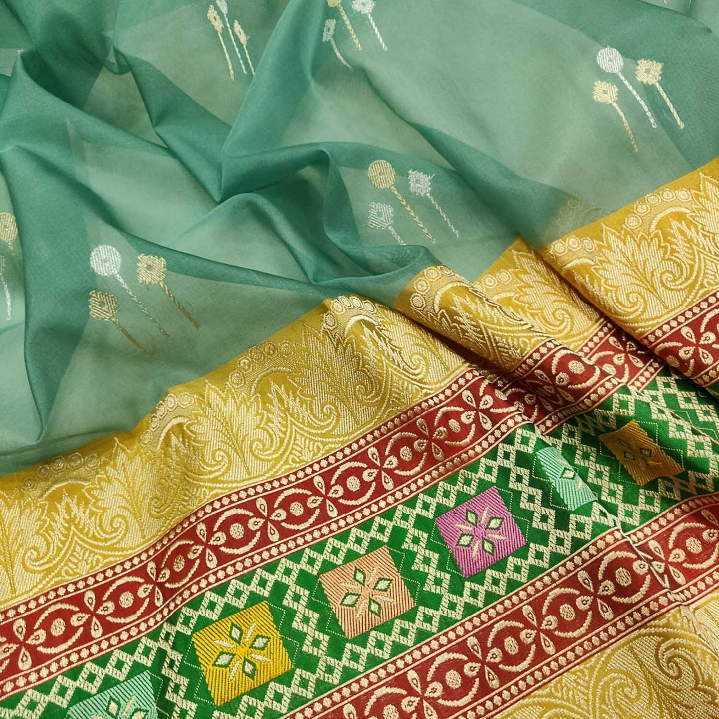 Green Handloom Banarasi Pure Kora Silk Saree - Luxurion World