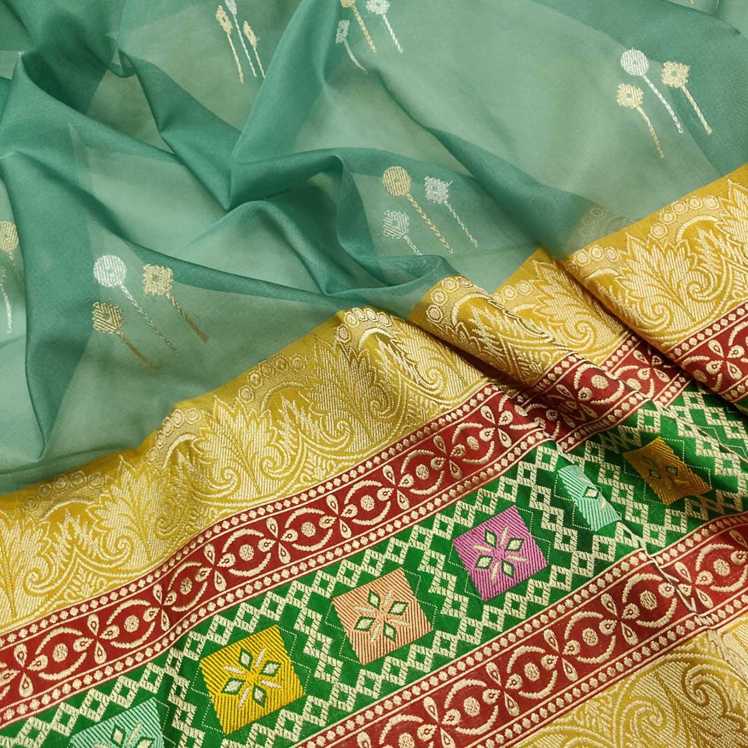 Green Handloom Banarasi Pure Kora Silk Saree - Luxurion World