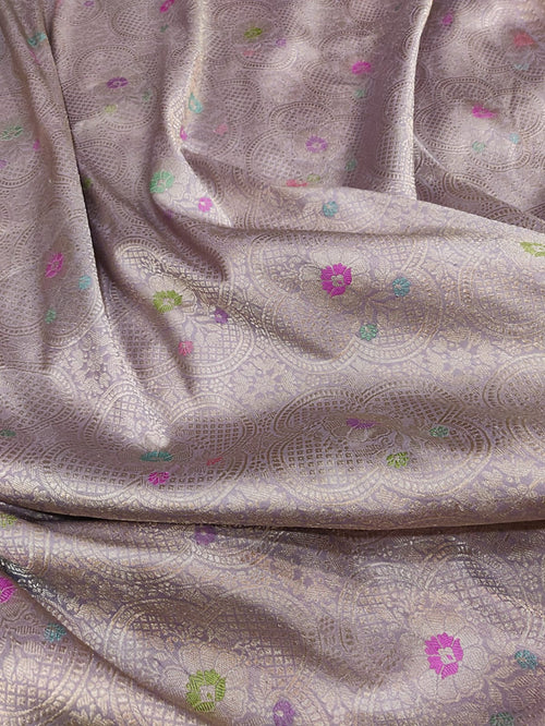 Exquisite Purple Handloom Banarasi Pure Katan Silk Flower Design Meenakari Saree - Luxurion World