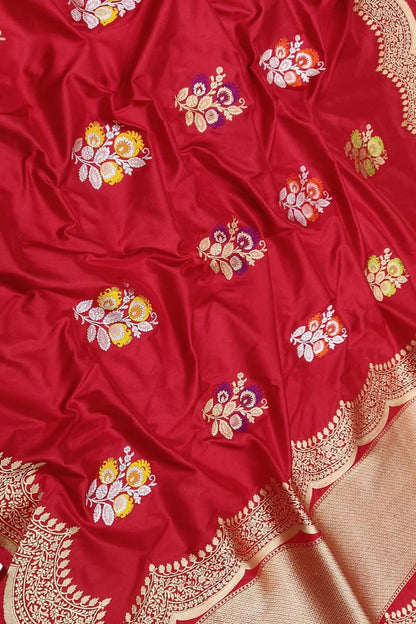 Exquisite Red Handloom Banarasi Pure Katan Silk Meenakari Flower Design Saree - Luxurion World
