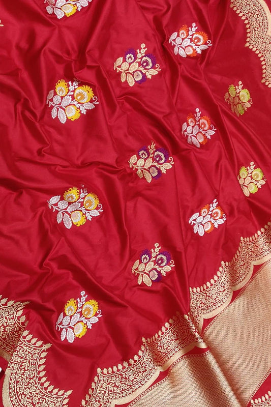 Exquisite Red Handloom Banarasi Pure Katan Silk Meenakari Flower Design Saree - Luxurion World