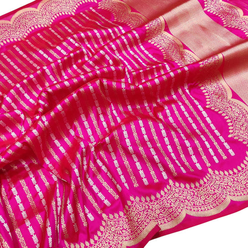 Exquisite Pink Handloom Banarasi Pure Katan Silk Sona Roopa Stripe Design Saree - Luxurion World