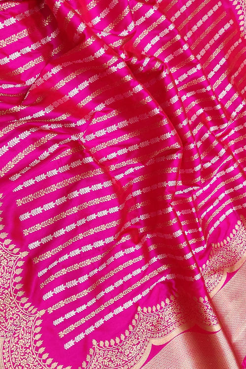 Exquisite Pink Handloom Banarasi Pure Katan Silk Sona Roopa Stripe Design Saree - Luxurion World