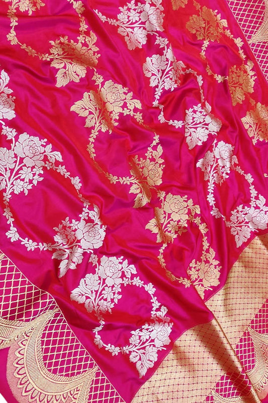 Exquisite Pink Handloom Banarasi Pure Katan Silk Sona Roopa Flower Design Saree - Luxurion World
