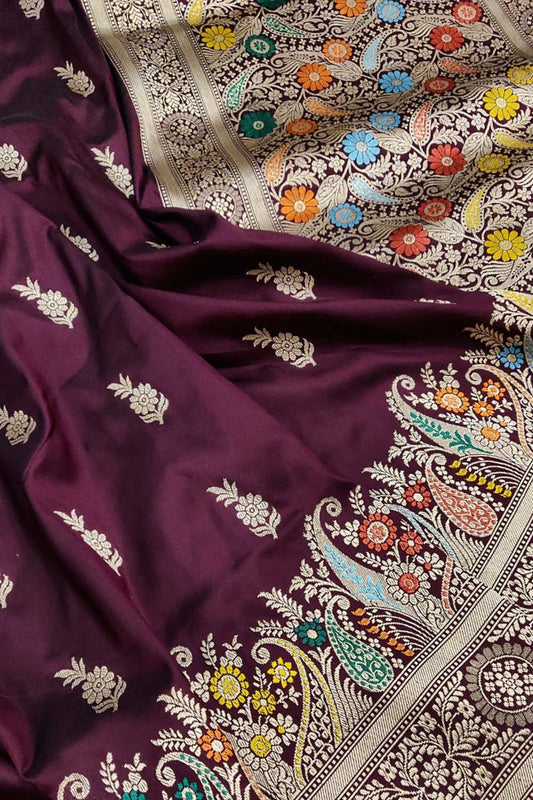 Elegant Maroon Handloom Banarasi Pure Katan Silk Meenakari Flower Design Saree - Luxurion World