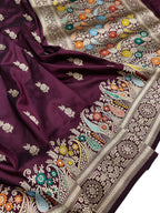 Elegant Maroon Handloom Banarasi Pure Katan Silk Meenakari Flower Design Saree - Luxurion World
