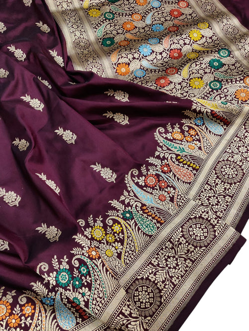 Elegant Maroon Handloom Banarasi Pure Katan Silk Meenakari Flower Design Saree - Luxurion World