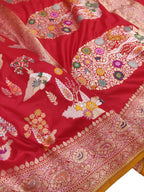 Exquisite Red Handloom Banarasi Pure Katan Silk Flower Design Meenakari Saree - Luxurion World