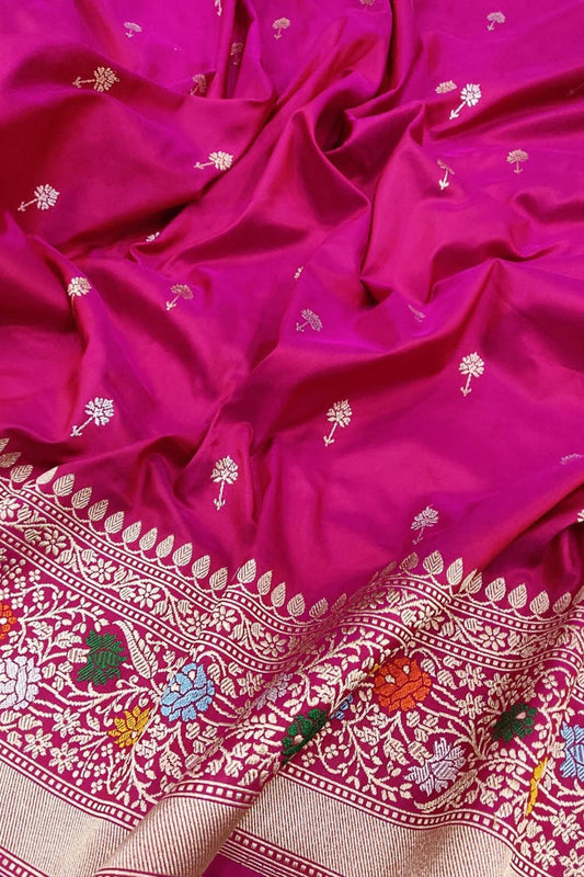 Exquisite Pink Handloom Banarasi Pure Katan Silk Meenakari Flower Design Saree - Luxurion World