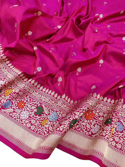 Exquisite Pink Handloom Banarasi Pure Katan Silk Meenakari Flower Design Saree - Luxurion World