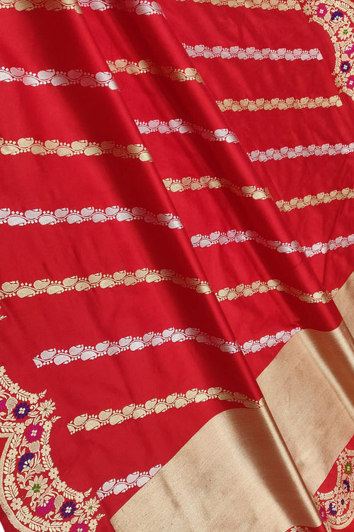 Exquisite Red Handloom Banarasi Pure Katan Silk Sona Roopa Stripe Design Saree - Luxurion World