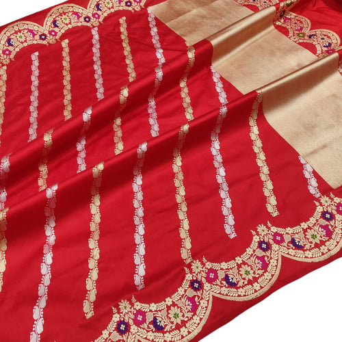 Exquisite Red Handloom Banarasi Pure Katan Silk Sona Roopa Stripe Design Saree - Luxurion World